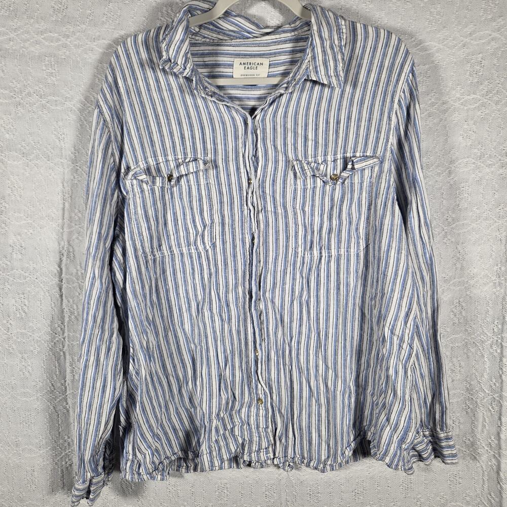 American Eagle Oversized Fit Button Down Shirt XL Blue White Stripe Linen Blend‎
